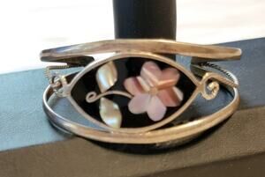 Black Pink Flower Cuff Bracelet, MoP Alpaca Bracelet Vintage BOHO Jewelry cfb